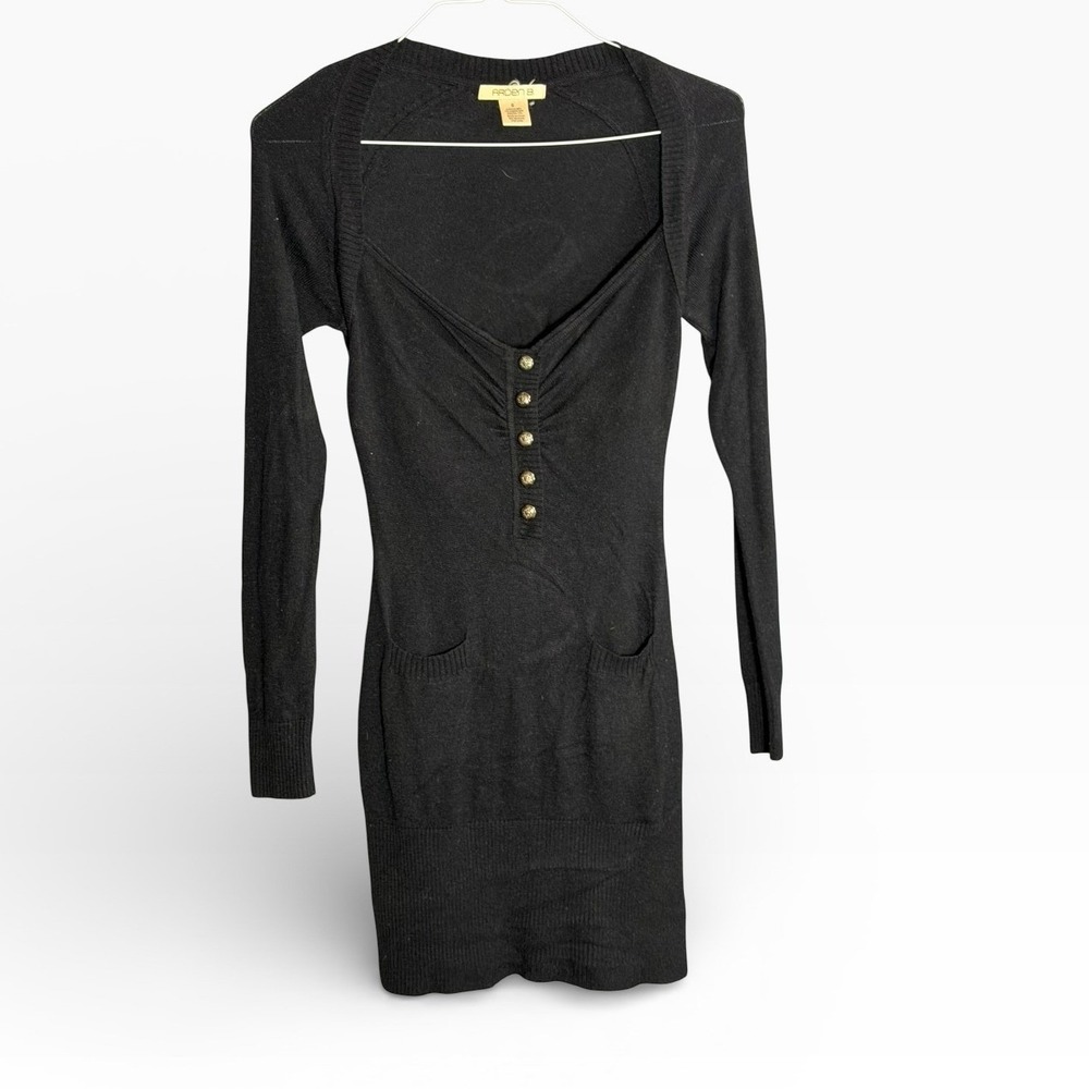 Arden B Black Long Sleeve Angora Blend Sweetheart Henley Sweater Dress Small Y2K